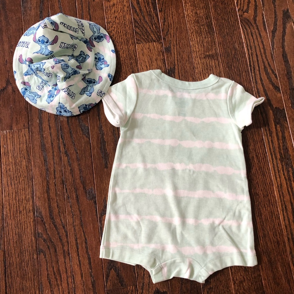 Disney Baby 3-6M Stitch Green Striped Short-Sleeve One Piece w/Matching Hat NWOT - Picture 10 of 11
